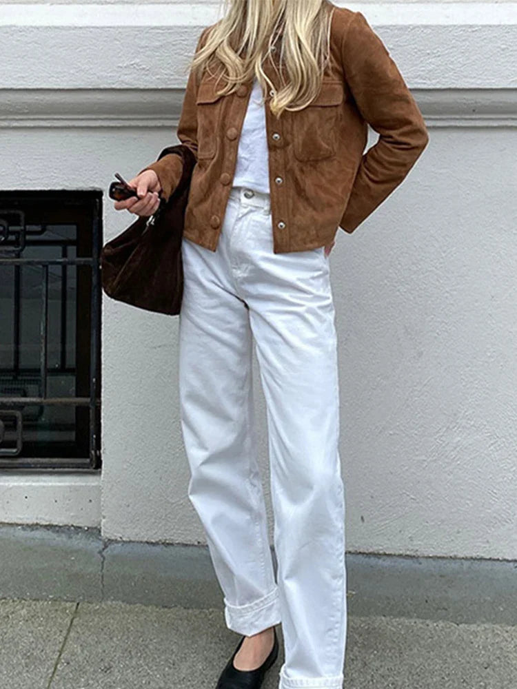 Suede Short Women's Jacket Vintage Solid Color Lapel Jackets with Pocket Single Breasted Casual Women Coat Autumn Classic Coats