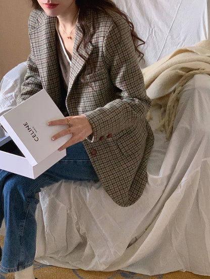 Vintage Wool Blends Coats Women Plaid Woolen Jacket Elegant Commute Blazer Korean Long Sleeve Outerwears Winter Ladies Overcoat