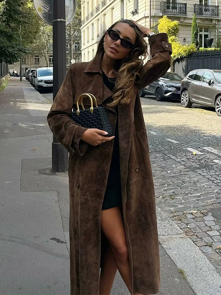 Female New Elegant Windbreaker Turn-Down Collar Long Sleeves Belt Solid Autumn Women's Double Breasted Trench Coat Mujer