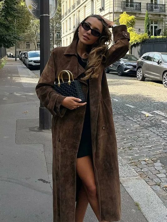 Female New Elegant Windbreaker Turn-Down Collar Long Sleeves Belt Solid Autumn Women's Double Breasted Trench Coat Mujer