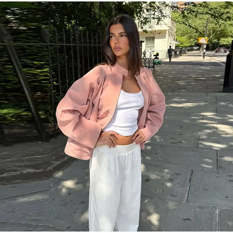 Elegant Suede Pink Jacket Women Loose Long Sleeve Zipper Stand Collar Button Female Jackets 2025 Autumn Street Outwear Lady New