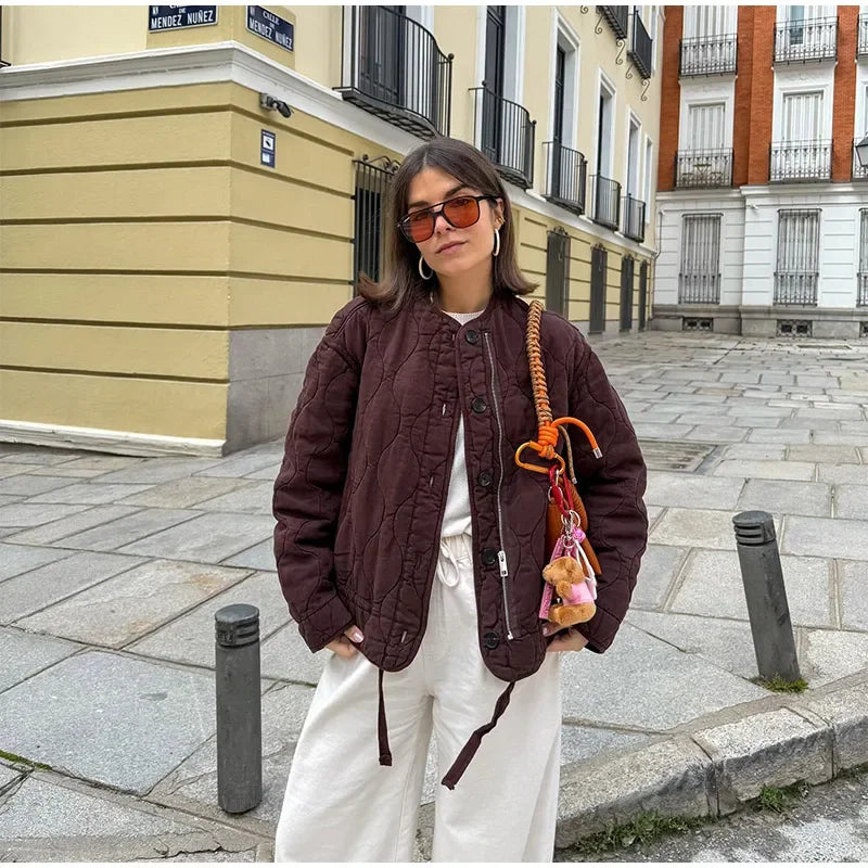 Casual Quilted Padded Jackets Women's Faionable Loose Round Neck Long Sleeve Zipper Cropped Length Outerwear Winter New