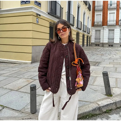 Casual Quilted Padded Jackets Women's Faionable Loose Round Neck Long Sleeve Zipper Cropped Length Outerwear Winter New