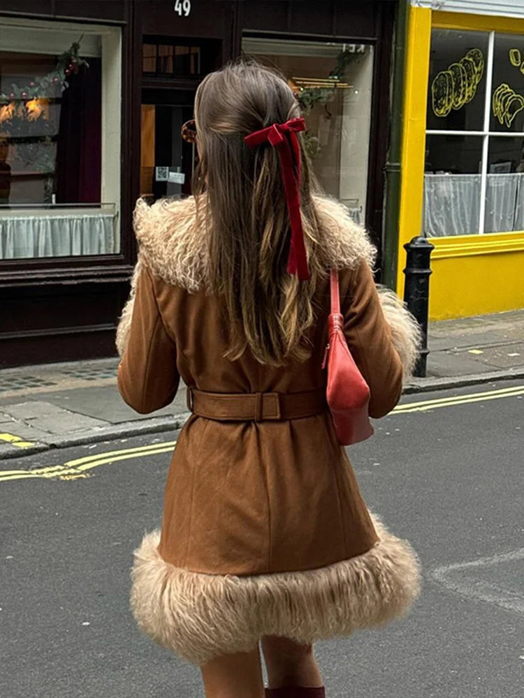 Suede And Fur Luxury Coat Women Plush Double Breasted Chic Turn-down Collar Belts Thick Outerwear Vintage Warm Feather Overcoat