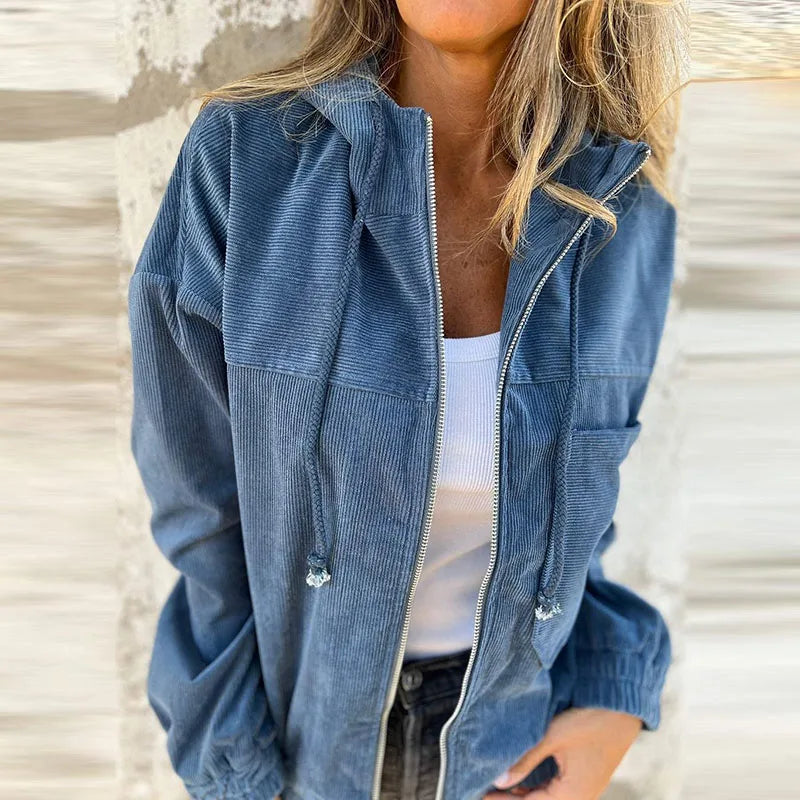 Fall Solid Ribbed Warm Corduroy Jacket Woman Casual Zip Drawstring Hooded Top Cardigan Winter Long Sleeve Loose Outerwear & Coat