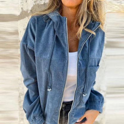 Fall Solid Ribbed Warm Corduroy Jacket Woman Casual Zip Drawstring Hooded Top Cardigan Winter Long Sleeve Loose Outerwear & Coat