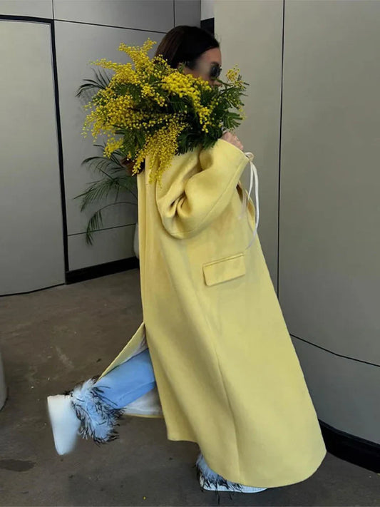 Women Yellow One Button Woolen Overcoat Chic Warm Loose Lapel Full Sleeve Long Coats 2024 Autumn Winter Lady Commute Outerwear