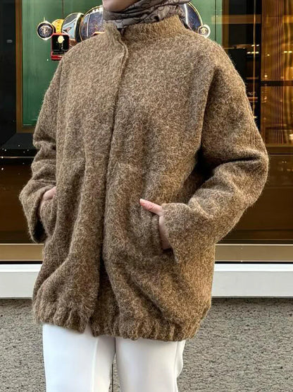 Vintage Solid Bomber Jacket Women Stand Collar Single Breasted Woolen Coat Streetwear Casual Fashion Long Sleeve Outerwear New