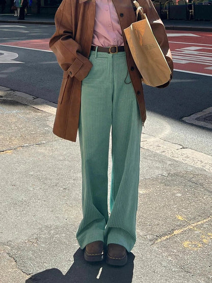 Women Striped Corduroy Wide Pants Plain High Rise Straight Loose Casual Draped Long Trousers Korean Vintage Autumn Clothes