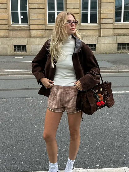 Fashion Lady Lapel Collar Pocket Woolen Short Coats Vintage Long Sleeve Solid Loose Women's Jackets Warm Winter Streetwear