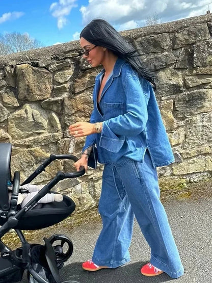 Denim Jacket Pants Set Outfits Women Autumn Winter Blue Pockets Loose 2 Pcs Set Casual Female Matching Set Retro