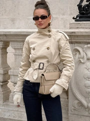 Stand Up Collar Trench Coat Belt Lace Up Double Breasted Short Jacket Retro Waist Cinched Silhouette Slimming Windbreaker Top