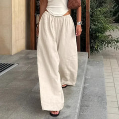Cotton Linen Wide Leg Pants Women Fashion Elastic High Waist Pockets Casual Loose Trousers Streetwear Summer Vacation Bottoms