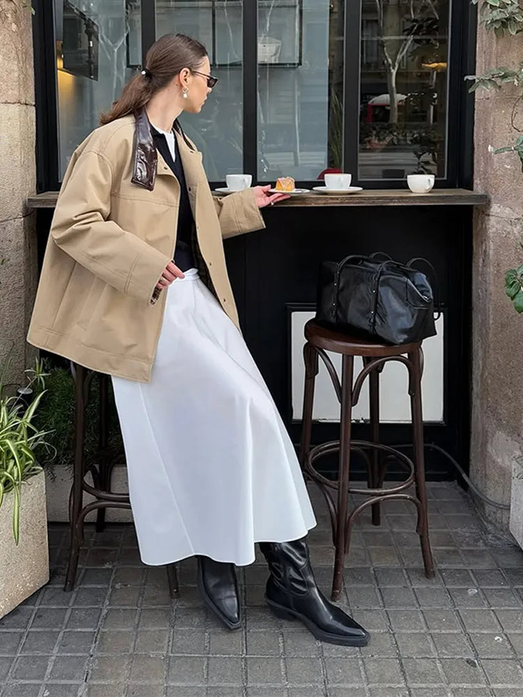 Leather Collar Cargo Jacket Button Down Plaid Pattern Patchwork Jackets Vintage Contrast Color Trench Coat Loose Casual Outwear