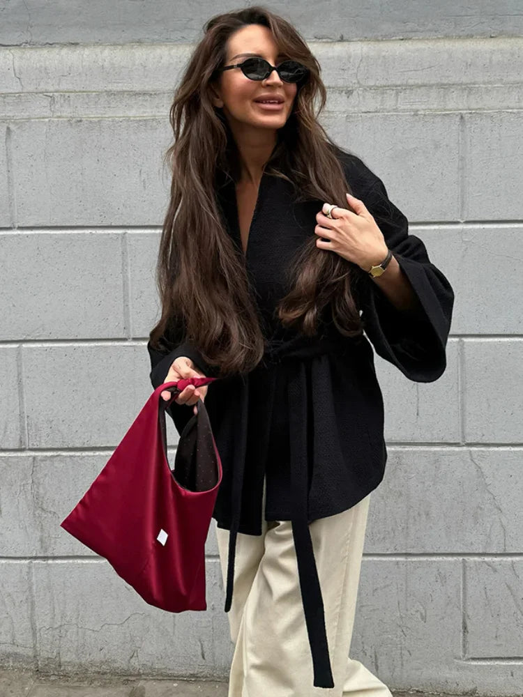 New Women's Black Lace Up Overcoats Autumn Chic Office Jackets Slim Fit Pleated Coat Elegant V-neck Commute For Lady Coats