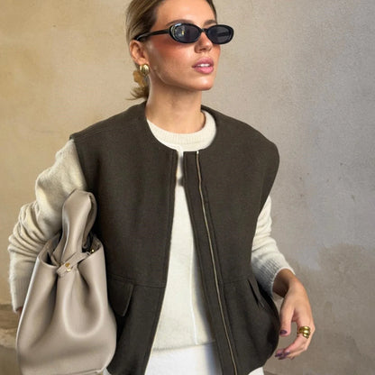 Winter New Vintage Solid Vest Jacket Women Round Neck Zipper Cardigan Waistcoat Streetwear Fashion Sleeveless Outerwear