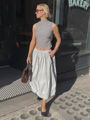 Solid Color Fold Skirts For Women Elastic High Waisted With Pocket Loose Fashion Patchwork Summer New Long Skirt Female