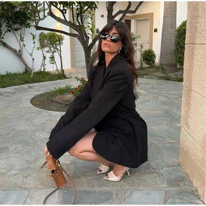 Women's Loose Waist Cinching Belt Full Sleeve Jacket Female Tailored Coat 2025 Chic Retro Elegant Lapel Suit Jackets Streetwear