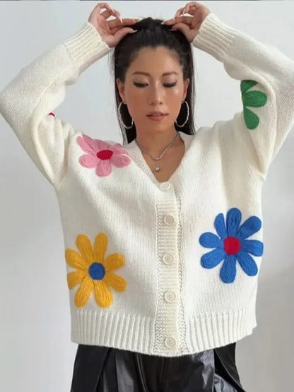 Autumn Knitted Women Sweater Sweet Flower Loose Long Sleeve O-neck Female Pullovers 2025 New Casual Loose Ladies Tops Streetwear