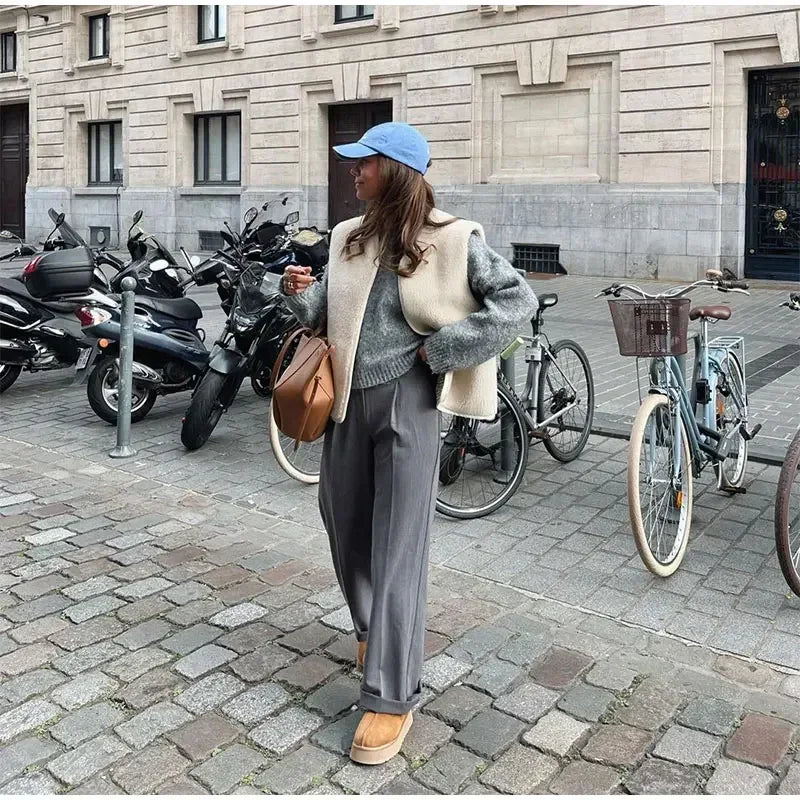 New Solid Lamb Wool Single Breasted Vest For Women Casual V Neck Sleeveless Warm Waistcoat Autumn High Street Outerwear Y2K