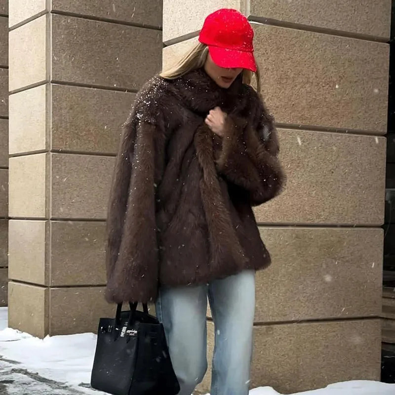 Furffy Thicken Jackets Women Faux Fur Loose Lapel Long Sleeves Warm Coats Female Winter Fashion Solid Soft Outwears Lady