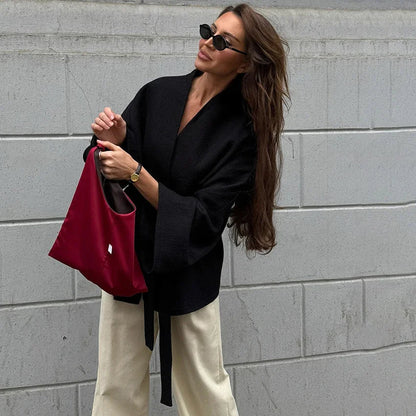 New Women's Black Lace Up Overcoats Autumn Chic Office Jackets Slim Fit Pleated Coat Elegant V-neck Commute For Lady Coats