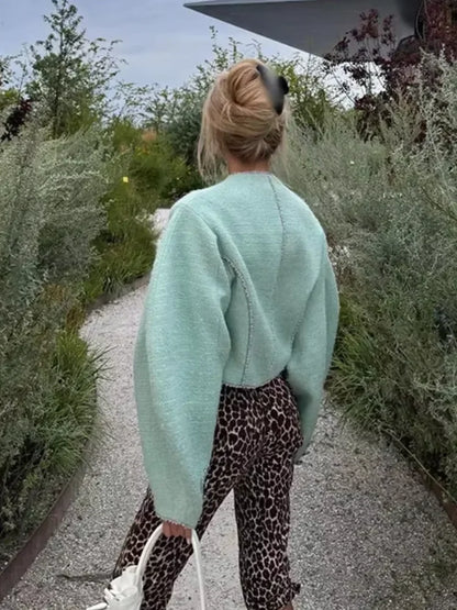 Fashion Oversize O-neck Solid Cropped Coat Women Single Breasted Long Sleeves Casual Jacket Autumn Lady Street Commute Outerwear