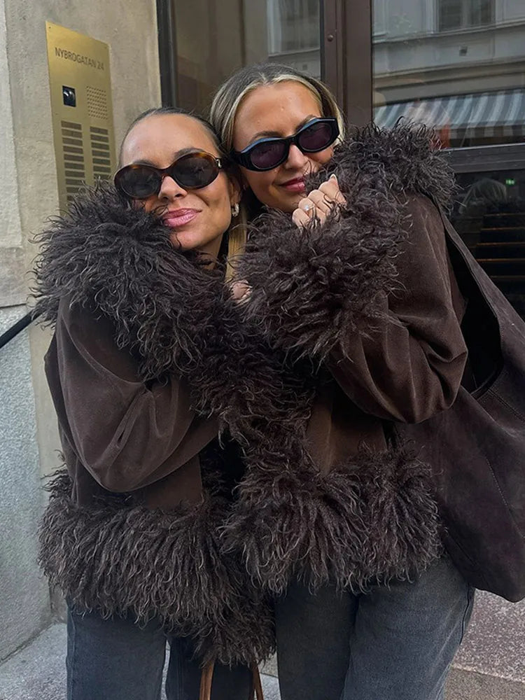 Elegant Coffee Solid Fur Patchwork Cardigan Jacket For Women Fashion Long Sleeve Warm Loose Coats Lady High Streetwear New