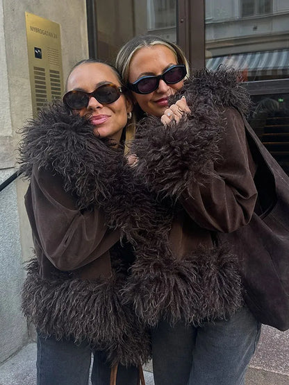 Elegant Coffee Solid Fur Patchwork Cardigan Jacket For Women Fashion Long Sleeve Warm Loose Coats Lady High Streetwear New