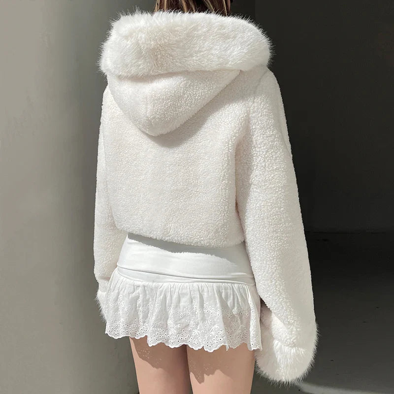 Faux Fur Hooded Coat Women Fashion High Street Fluffy White Snow Jacket Winter Warm Slim Outwear Stylish Lady Outfits