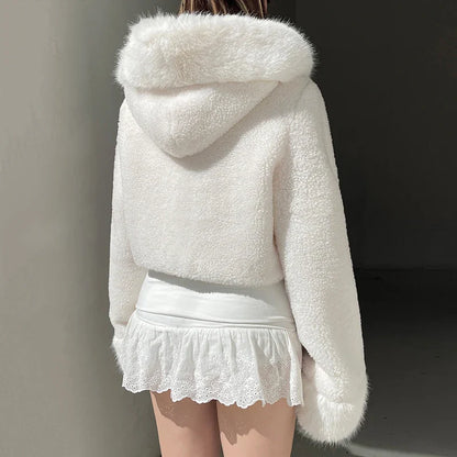 Faux Fur Hooded Coat Women Fashion High Street Fluffy White Snow Jacket Winter Warm Slim Outwear Stylish Lady Outfits