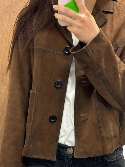 Retro Suede Female Blazer Jacket Chic Lapel Single Breasted Long Sleeve Lady Short Coat Autumn Winter Pockets Lady Outwear