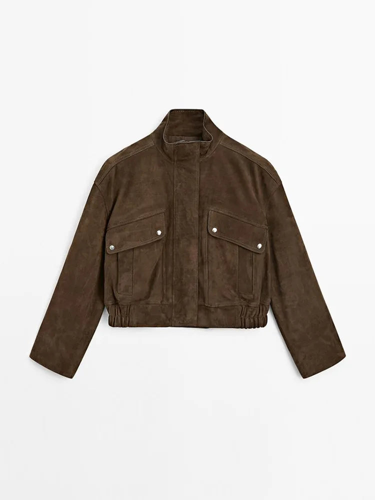 Zipper Suede Cargo Jacket Coat Button Lapel Maillard Slimming Workwear Leather Jackets Casual Short Outwear Commute Overcoat