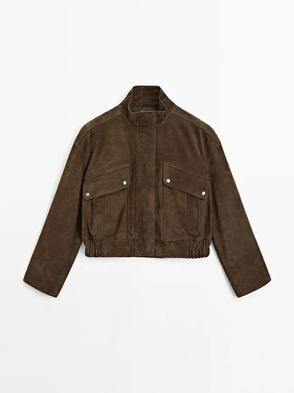 Zipper Suede Cargo Jacket Coat Button Lapel Maillard Slimming Workwear Leather Jackets Casual Short Outwear Commute Overcoat