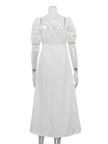 White Square Collar Puff Sleeve Long Dress For Women Slim A-Line Twist Hollow Out Cotton Elegant Dresses Autumn Fashion