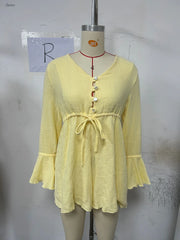 Flare Sleeve Single Breasted Casual Women Dress A-line Pleated Short Dress Cotton Blend Drawstring Fashion Vestidos 2024 Autumn