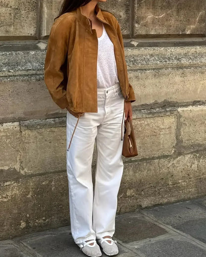 Casual Long Sleeve Stand Collar Female Coats Vintage Suede Zipper Jacket for Women Autumn New Lady Pockets Outerwear Street