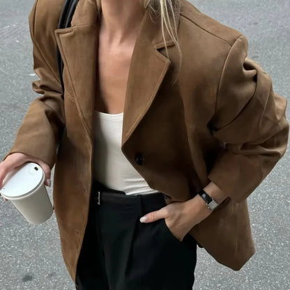 Vintage Lapel Pocket Suede Leather Jacket Women Fashion Loose Single Button Oversize Brown Coats Female Street Chic Clothes