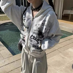 Letter Print Women American Vintage Graffiti Hooded Zip-up Sudadera Mujer Casual High Waist Long Sleeve Y2k Sweatshirts