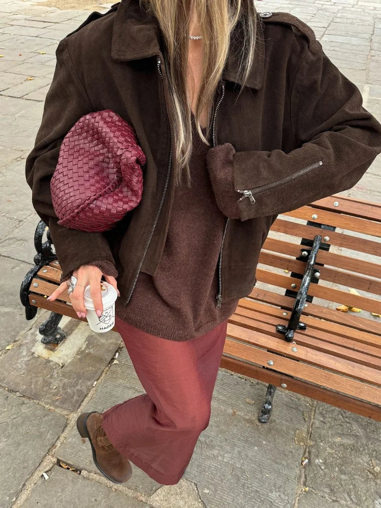 Fashion Lapel Collar Women Long Sleeve Zipper Coats Vintage Slim Solid Short Jackets New Autumn Causal Warm Office Outwear