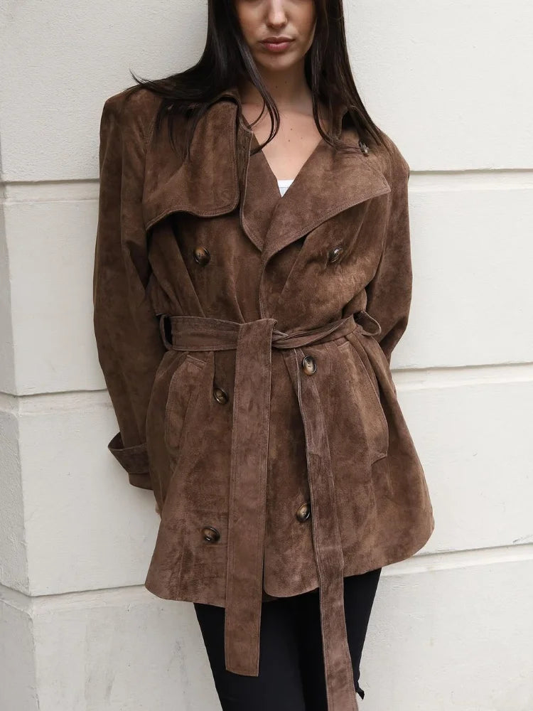 Autumn Fashion Lace Up Lapel Collar Suede Jacket Women Retro Double Breasted Long Sleeve Coat Lady Vintage Chic Windbreaker