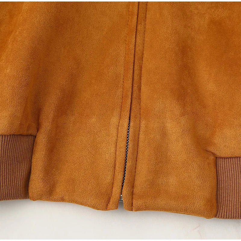 Women Patchwork Suede Jackets Long Sleeve Pocket Zipped Stand Coats 2024 Autumn Winter New Fashion Commuting Top Outerwears