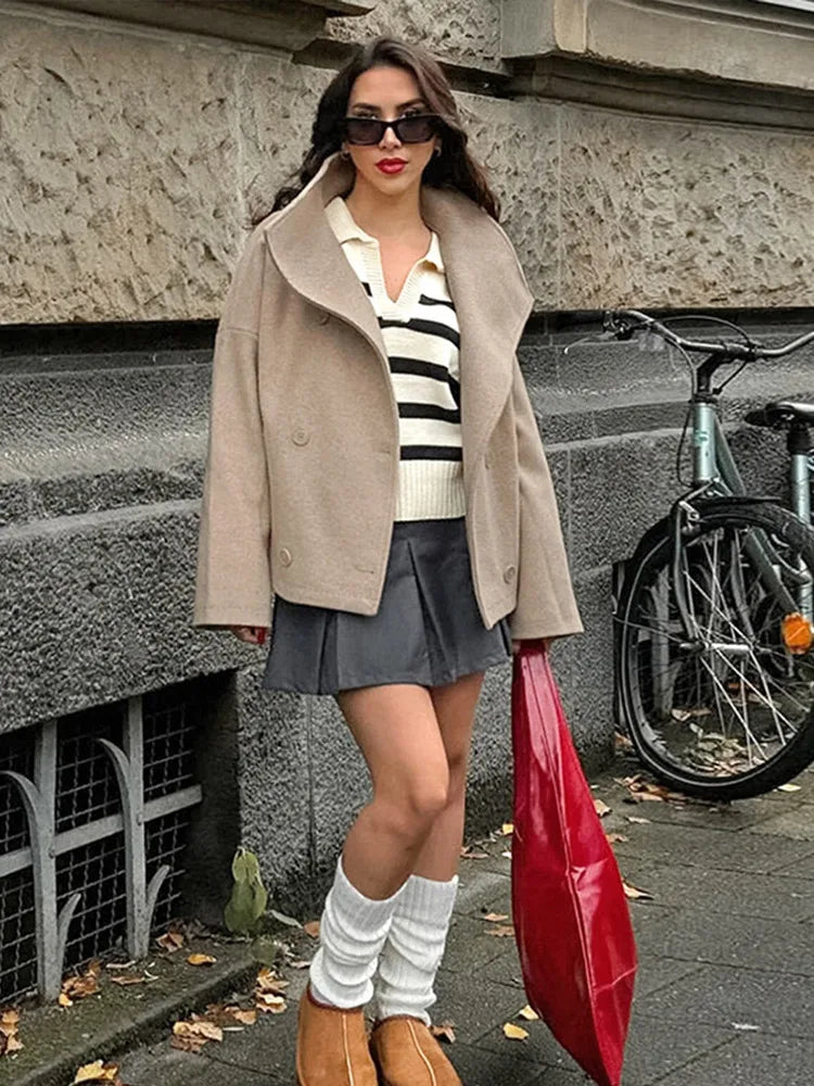 TAVIMART  -  Vintage Large Lapel Collar Short Coats Women Retro Casual Double-Breasted Pocket Coat Female Autumn Chic Loose Street Outwear