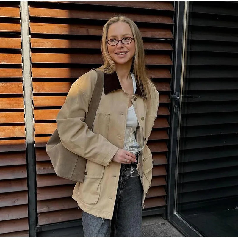 Casual Panelled Pockets Jackets Women Casual Patchwork Lapel Long Sleeves Single Breasted Coat Autumn Lady Loose Outfits