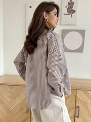 Classic Plaid Pocket Blouse Woman New Single Breasted Long Sleeve Shirt Outerwear Spring Autumn Vintage Casual Blouses Lady