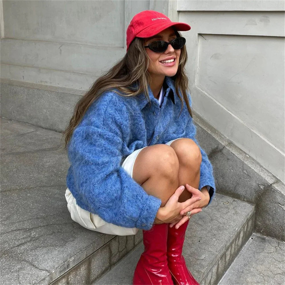 Autumn Winter Blue Short Woolen Jacket for Women Lapel Long Sleeve Button Up Warm Coat Female Casual Streetwear Tops