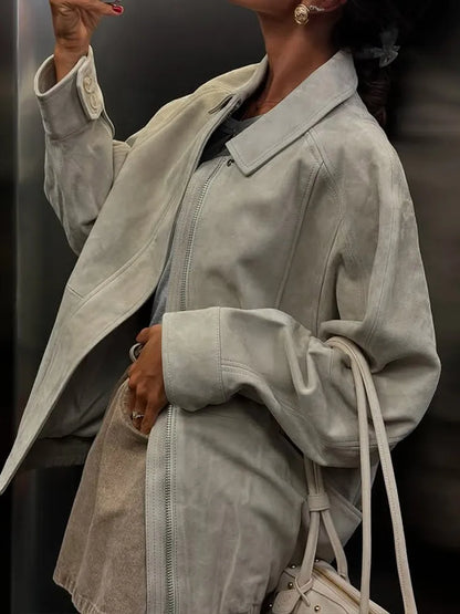 Do Old Suede Jacket Coat White Workwear Style Lapel Casual Simple Retro Leather Tooling Jackets Loose Wide Fit Slimming Outwear