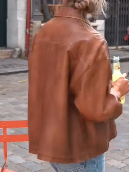 Casual Solid Women Leather Jackets Turn Down Collar Single Breasted Pockets Female Loose Coats Autumn New Chic Lady Outwear