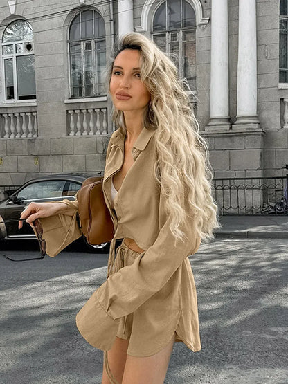 Women's Summer Suit Elegant Lapel Single Breasted Full Sleeve Lace Up Waist Shorts Female Suit Oversize Two-piece Set 2025