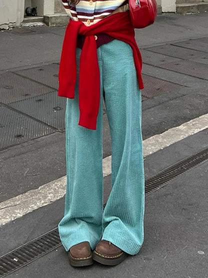 Women Striped Corduroy Wide Pants Plain High Rise Straight Loose Casual Draped Long Trousers Korean Vintage Autumn Clothes